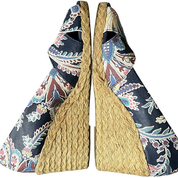 Chaps Espadrille Wedges Women 7.5 Blue Floral Slip On Peep Toe Shoes Boho Resort - Picture 6 of 12